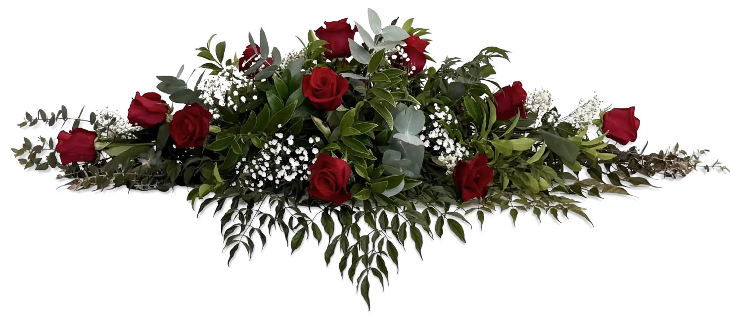 Westella funerals flowers red roses and greens casket spray 2025 03